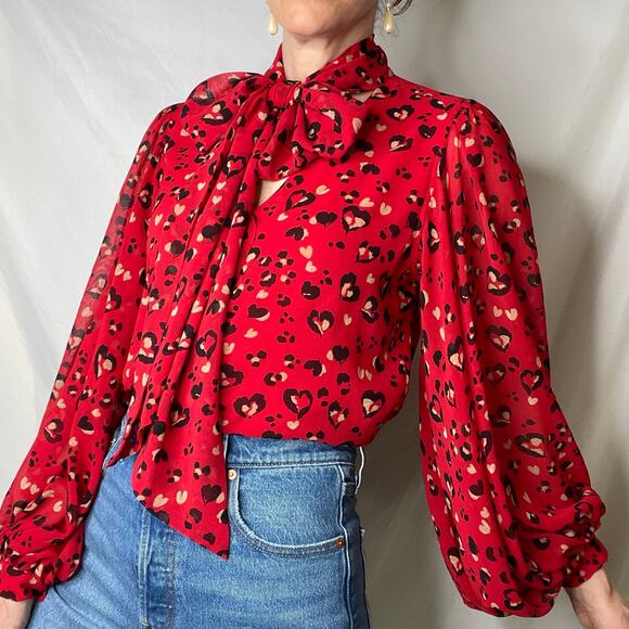 Chico’s heart animal leopard print blouse‎ tie neck bow balloon sleeve red black - Picture 10 of 17